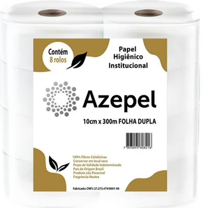 Papel Higiênico 100% Celulose Azepel Folha Dupla 8x10x300m